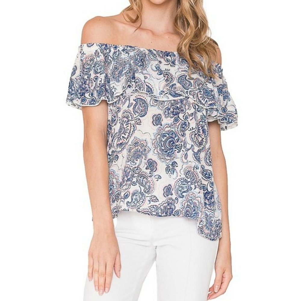 Renee C Paisley Off-The-Shoulder Blouse Blue Pink Ruffle Floral Romantic Blouse